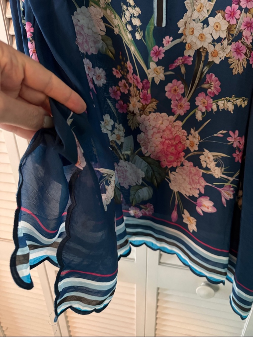Johnny Was Navy Floral V-Neck Tunic with Pink & White Blooms - Picture 5 of 9